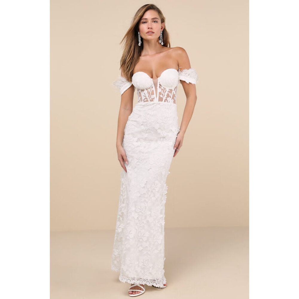 Lulus Midnight Sparkle White Embroidered Feather Bustier Maxi Dress - Size M
